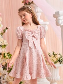 SHEIN 女孩花卉圖案提花前蝴蝶結泡泡袖荷葉邊連衣裙 - 淺粉色 - 查看 3