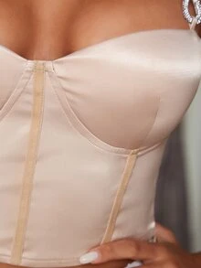 D&M Rhinestone Detail Lace Up Back Bustier Crop Satin Cami Top - Champagne - View 5