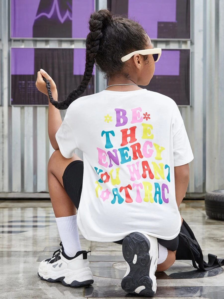 SHEIN Girls Floral & Slogan Graphic Drop Shoulder Tee & Cycling Shorts - Black and White - View 1