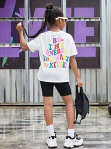 SHEIN Girls Floral & Slogan Graphic Drop Shoulder Tee & Cycling Shorts - Black and White - View 2