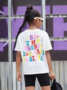 SHEIN Girls Floral & Slogan Graphic Drop Shoulder Tee & Cycling Shorts - Black and White - View 5