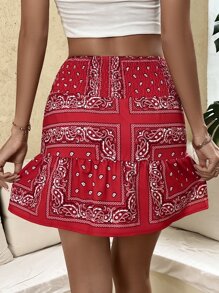 Paisley Scarf Print Shirred Ruffle Hem Skirt - Red - View 2