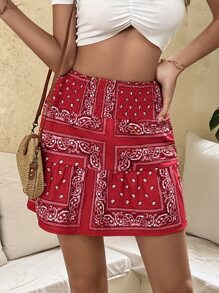 Paisley Scarf Print Shirred Ruffle Hem Skirt - Red - View 3