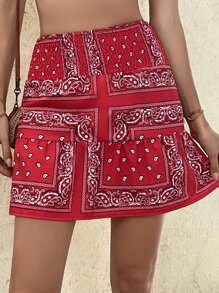 Paisley Scarf Print Shirred Ruffle Hem Skirt - Red - View 7