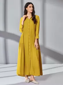 Seusyu Solid Ruffle Hem Shirt Dress - Mustard Yellow - View 1