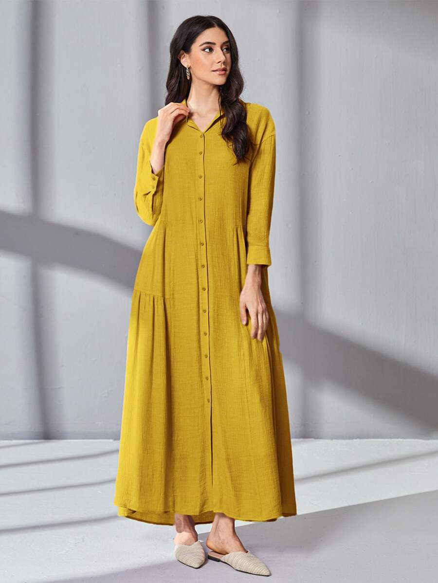 Seusyu Solid Ruffle Hem Shirt Dress - Mustard Yellow - View 1
