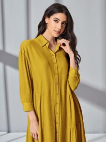 Seusyu Solid Ruffle Hem Shirt Dress - Mustard Yellow - View 4