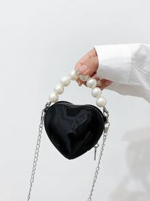 迷你珍珠串珠心形鏈條異形包 - 黑色 - 查看 1