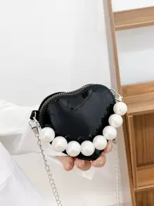 迷你珍珠串珠心形鏈條異形包 - 黑色 - 查看 3