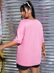 CovetEZ 大碼字母和熱帶圖案落肩T恤 - 粉色 - 查看 2