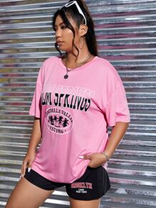 CovetEZ 大碼字母和熱帶圖案落肩T恤 - 粉色 - 查看 5