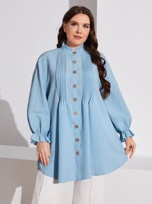 Mulvari Plus Frill Trim Button Front Blouse - Baby Blue - View 1