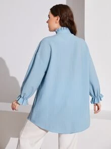 Mulvari Plus Frill Trim Button Front Blouse - Baby Blue - View 2
