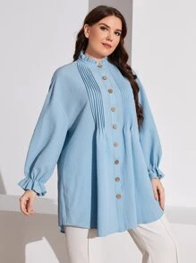 Mulvari Plus Frill Trim Button Front Blouse - Baby Blue - View 3