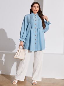 Mulvari Plus Frill Trim Button Front Blouse - Baby Blue - View 4