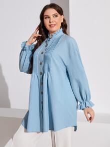 Mulvari Plus Frill Trim Button Front Blouse - Baby Blue - View 5