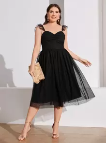 Modelyn Plus Ruffle Trim Ruched Mesh Dress - Black - View 1