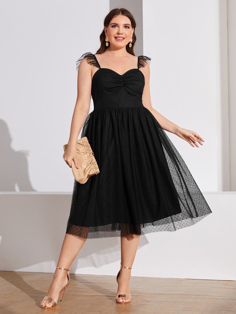 Modelyn Plus Ruffle Trim Ruched Mesh Dress - Black - View 1