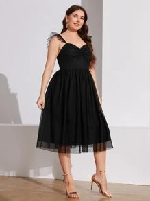 Modelyn Plus Ruffle Trim Ruched Mesh Dress - Black - View 3