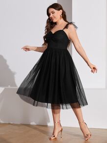 Modelyn Plus Ruffle Trim Ruched Mesh Dress - Black - View 4
