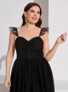 Modelyn Plus Ruffle Trim Ruched Mesh Dress - Black - View 5