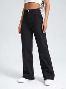 SHEIN EZwear Wide Leg Jeans Without Belt - Black - View 3