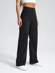 SHEIN EZwear Wide Leg Jeans Without Belt - Black - View 5
