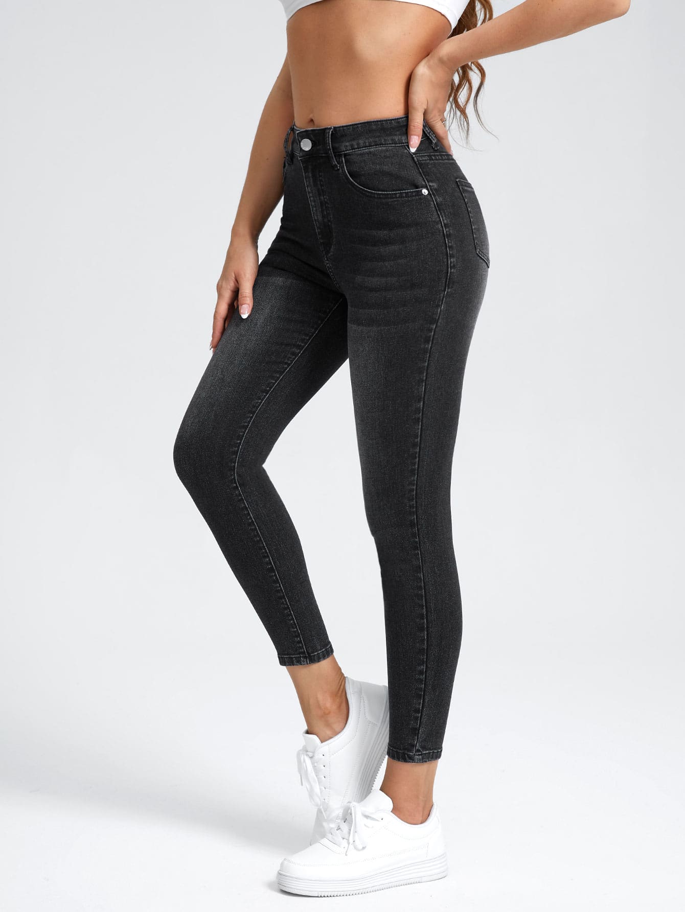 SHEIN PETITE High Waist Washed Skinny Jeans - Black - View 1