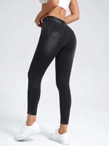 SHEIN PETITE High Waist Washed Skinny Jeans - Black - View 2