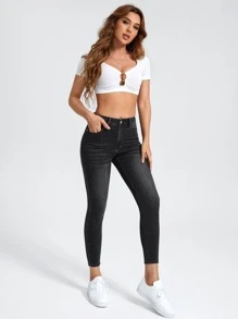 SHEIN PETITE High Waist Washed Skinny Jeans - Black - View 3