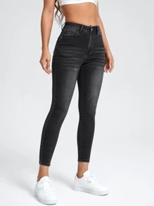 SHEIN PETITE High Waist Washed Skinny Jeans - Black - View 4