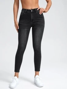 SHEIN PETITE High Waist Washed Skinny Jeans - Black - View 5