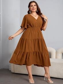 SHEIN Clasi 大碼蝴蝶袖前紐扣荷葉邊連衣裙 - 棕色 - 查看 4