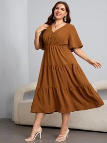 SHEIN Clasi 大碼蝴蝶袖前紐扣荷葉邊連衣裙 - 棕色 - 查看 5