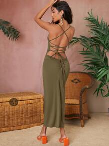 SHEIN BAE 露背繫帶高衩吊帶洋裝 - 軍綠色 - 查看 2
