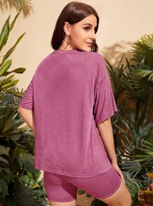 SHEIN Essnce Bộ đồ hai mảnh nữ màu trơn Giải trí - Hồng - Xem 2