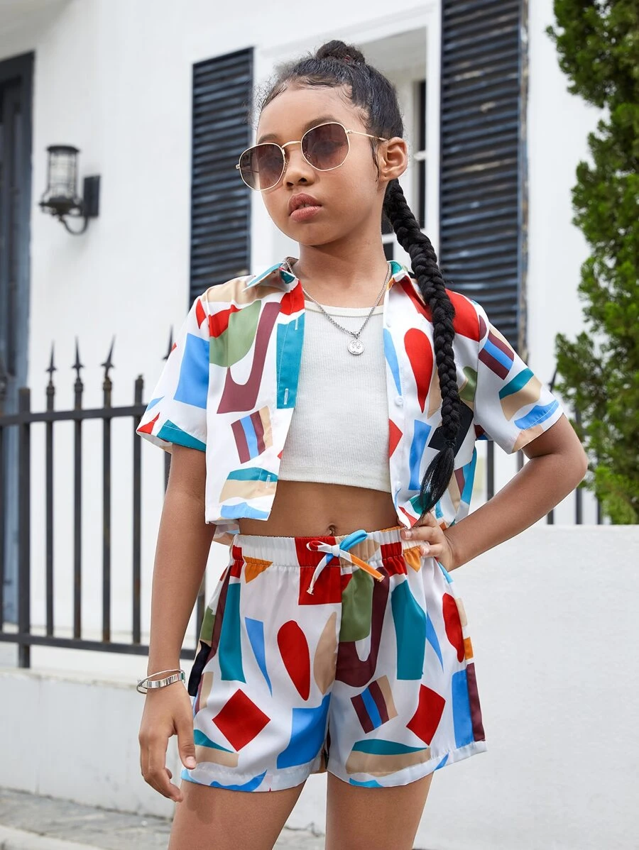 SHEIN Bộ hai mảnh Gái Nơ Bướm Nút phía trước Hình học Giải trí - Nhiều màu - Xem 1