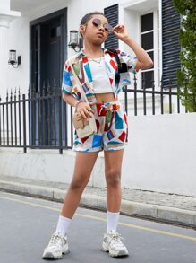 SHEIN Bộ hai mảnh Gái Nơ Bướm Nút phía trước Hình học Giải trí - Nhiều màu - Xem 3