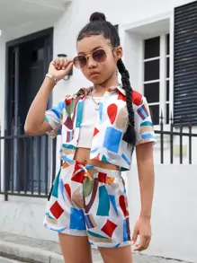 SHEIN Bộ hai mảnh Gái Nơ Bướm Nút phía trước Hình học Giải trí - Nhiều màu - Xem 4