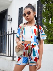 SHEIN Bộ hai mảnh Gái Nơ Bướm Nút phía trước Hình học Giải trí - Nhiều màu - Xem 5