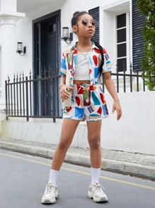 SHEIN Bộ hai mảnh Gái Nơ Bướm Nút phía trước Hình học Giải trí - Nhiều màu - Xem 6