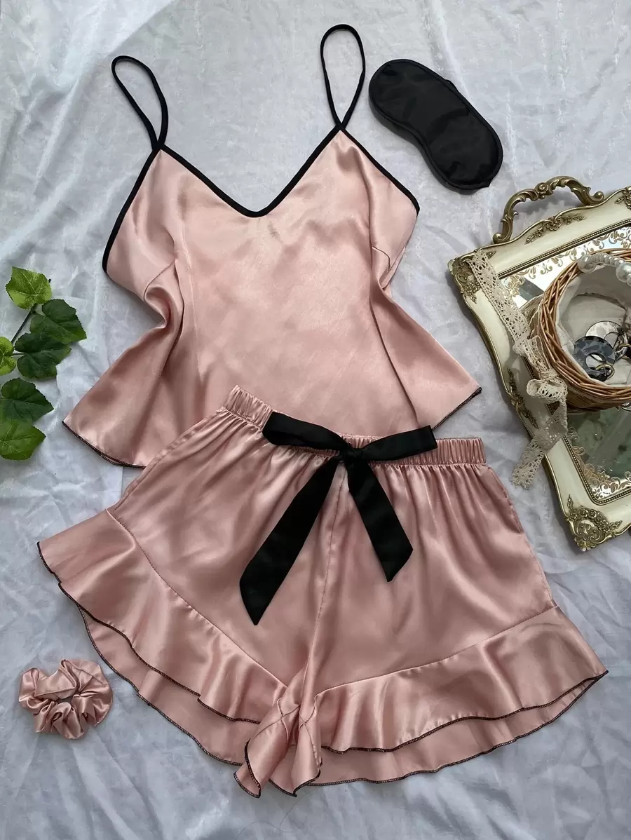 Contrast Binding Cami Top & Ruffle Trim Shorts PJ Set With Pleated Scrunchie & Eye Mask - Dusty Pink - View 1