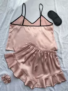 Contrast Binding Cami Top & Ruffle Trim Shorts PJ Set With Pleated Scrunchie & Eye Mask - Dusty Pink - View 2