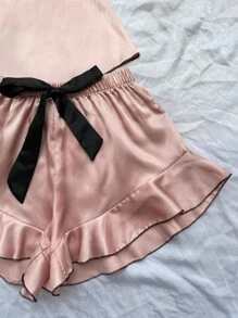 Contrast Binding Cami Top & Ruffle Trim Shorts PJ Set With Pleated Scrunchie & Eye Mask - Dusty Pink - View 3