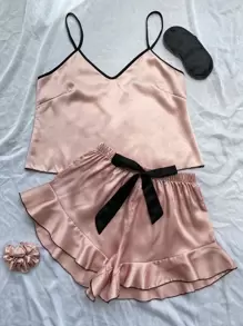 Contrast Binding Cami Top & Ruffle Trim Shorts PJ Set With Pleated Scrunchie & Eye Mask - Dusty Pink - View 4