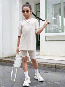SHEIN Girls Drop Shoulder Tee & Cycling Shorts - Beige - View 4