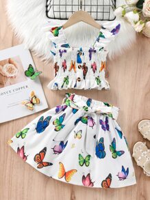 SHEIN 小女童蝴蝶圖案打褶荷葉邊上衣和紙袋腰腰帶半身裙 - 白色 - 查看 1