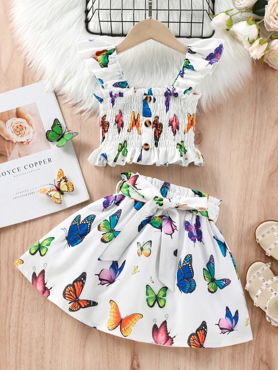 SHEIN 小女童蝴蝶圖案打褶荷葉邊上衣和紙袋腰腰帶半身裙 - 白色 - 查看 1
