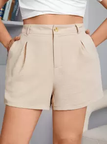 SHEIN Essnce Plus High Waist Plicated Detail Shorts - Khaki - View 1