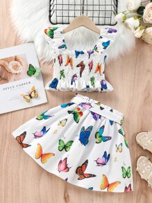 SHEIN 小女童蝴蝶圖案打褶荷葉邊上衣和紙袋腰腰帶半身裙 - 白色 - 查看 2